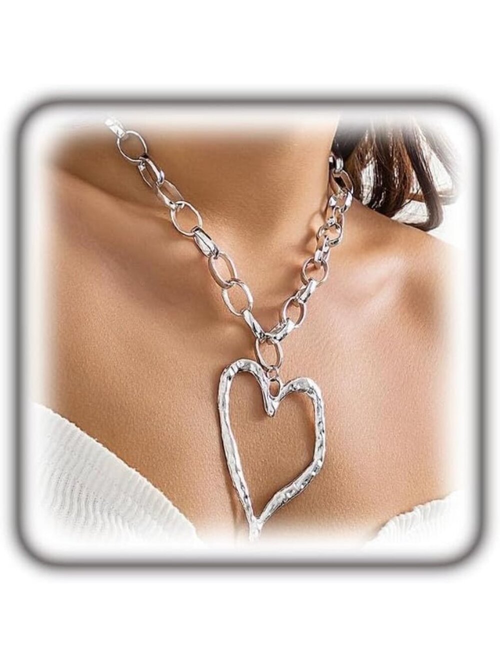 Women's Big Silver Chunky Gold Heart Necklace Puffy Heart Statement Chain